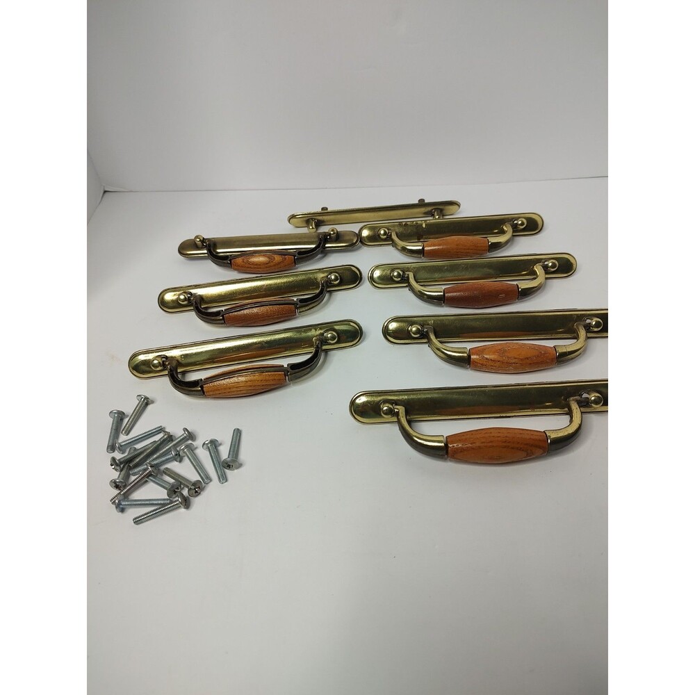Vintage Amerock Royal Family Drawer Pulls Lot of 7 Burnished Brass And Oak